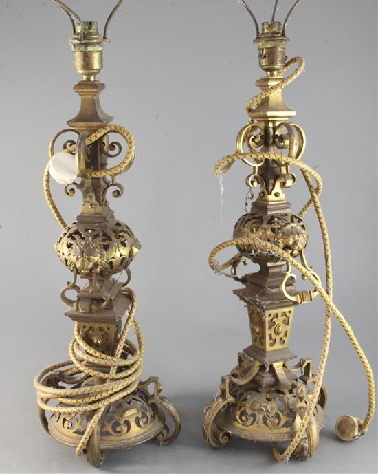 A pair of Victorian gilt-brass lamps, possibly to a design by Edward Middleton Barry, circa 1870,